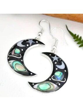 Earrings Moon Star Planet Crescent Iridescent Pearly Dangle Panet Galaxy Enamel